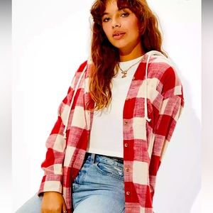 AE Plaid Flannel Hooded Button-Up Shirt